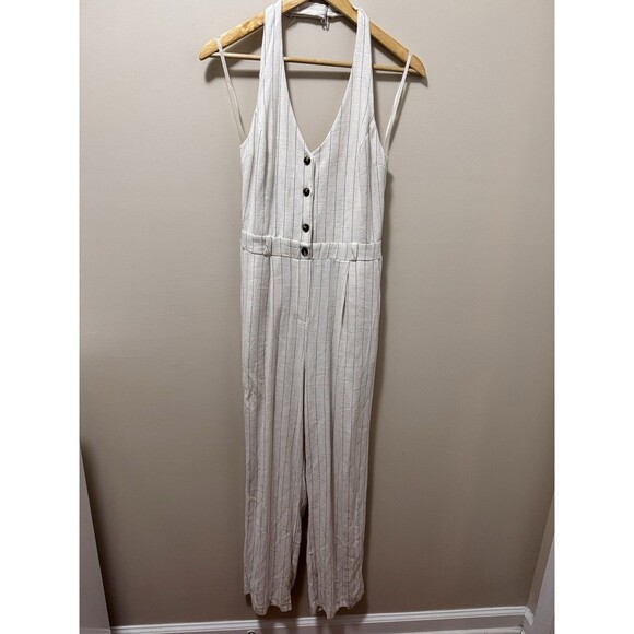 Monteau Los Angeles White Striped Linen Casual Jumpsuit Sz M Pockets Halter Neck - Picture 2 of 10